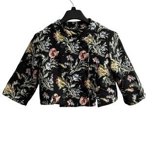 Vintage Jacquard Woven Tapestry Blazer Women M Black Dark Floral Cropped Brocade
